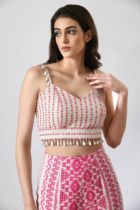 Shop_Salt And Spring_Pink Jacquard Sequins, Lace V-neck Flared Hem Pant And Crop Top Set _Online_at_Aza_Fashions