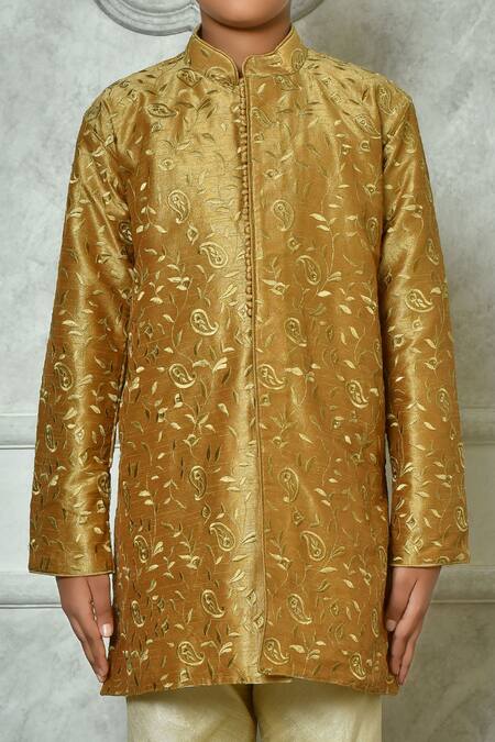 Petite Pomme Brown Silk Embroidery Paisley Thread Work Kurta Online at Aza Fashions Petite Pomme_Brown Silk Embroidery Paisley Thread Work Kurta _Online_at_Aza_Fashions