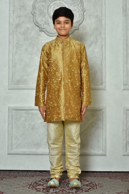 Buy_Petite Pomme_Brown Silk Embroidery Paisley Thread Work Kurta _Online_at_Aza_Fashions