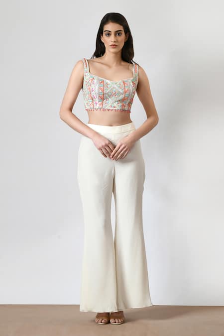 Buy_Salt And Spring_Ivory Organza, Crepe Beads Sweetheart Neck Embellished Crop Top Pant Set _Online_at_Aza_Fashions