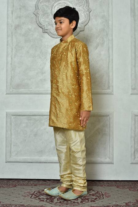 Petite Pomme_Brown Silk Embroidery Paisley Thread Work Kurta And Churidar Set _at_Aza_Fashions