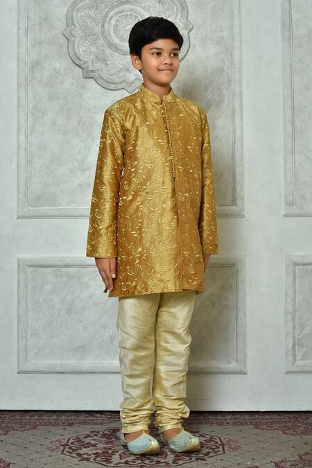 Buy_Petite Pomme_Brown Silk Embroidery Paisley Thread Work Kurta And Churidar Set 