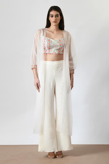 Shop_Salt And Spring_Ivory Organza, Crepe Beads Sweetheart Neck Embellished Crop Top Pant Set _Online_at_Aza_Fashions