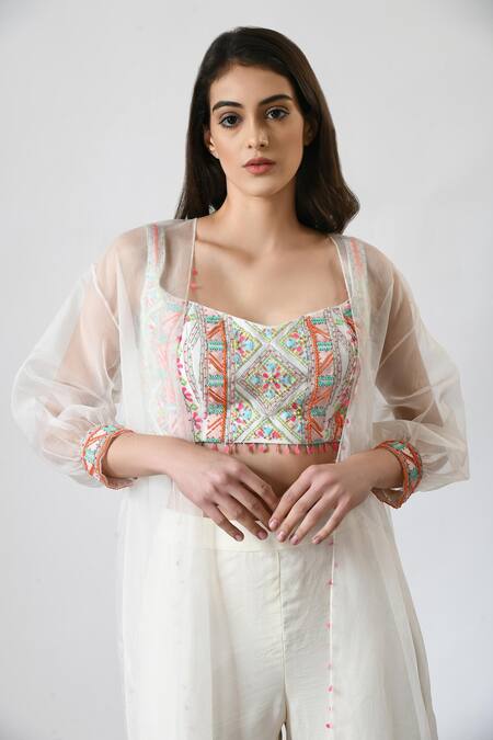 Salt And Spring_Ivory Organza, Crepe Beads Sweetheart Neck Embellished Crop Top Pant Set _at_Aza_Fashions