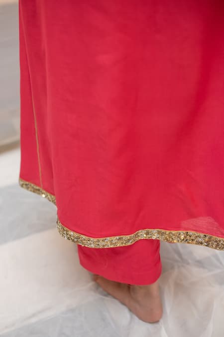 Shop_Priyanka Raajiv_Coral Cotton Silk Sequin Embroidery Round Ushna Straight Kurta And Pant _Online_at_Aza_Fashions