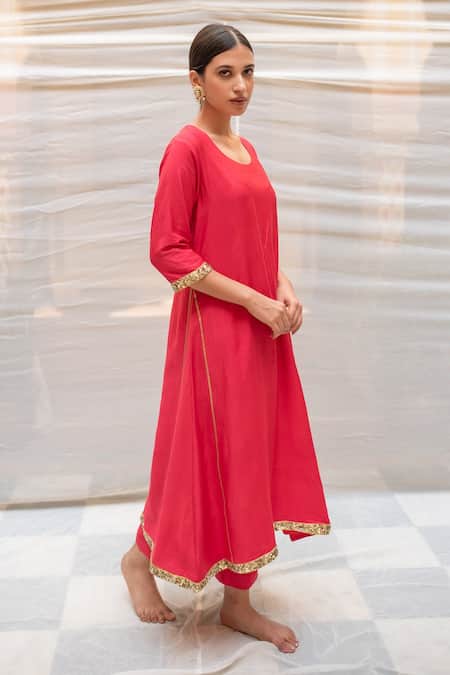 Buy_Priyanka Raajiv_Coral Cotton Silk Sequin Embroidery Round Ushna Straight Kurta And Pant _Online_at_Aza_Fashions
