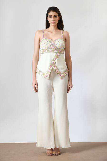 Salt And Spring_Ivory Crepe Beads Sweetheart Neck Embellished Bustier And Flared Pant Set _Online_at_Aza_Fashions