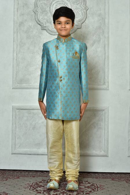 Petite Pomme_Blue Jacquard Embroidery Floret Pattern Sherwani _Online_at_Aza_Fashions