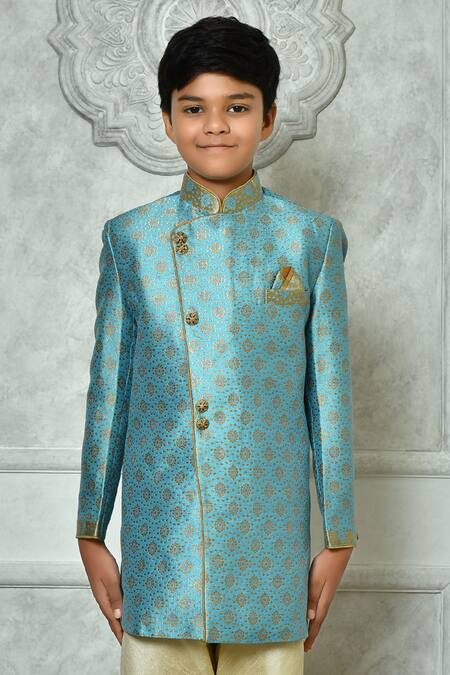 Buy_Petite Pomme_Blue Jacquard Embroidery Floret Pattern Sherwani _Online_at_Aza_Fashions