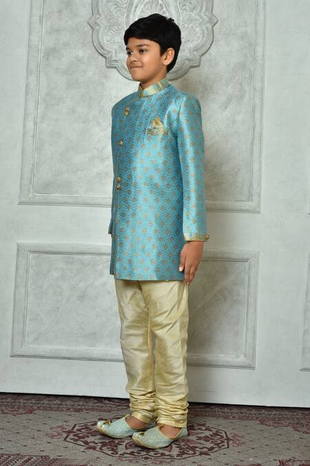Shop_Petite Pomme_Blue Jacquard Embroidery Floret Pattern Sherwani _Online_at_Aza_Fashions