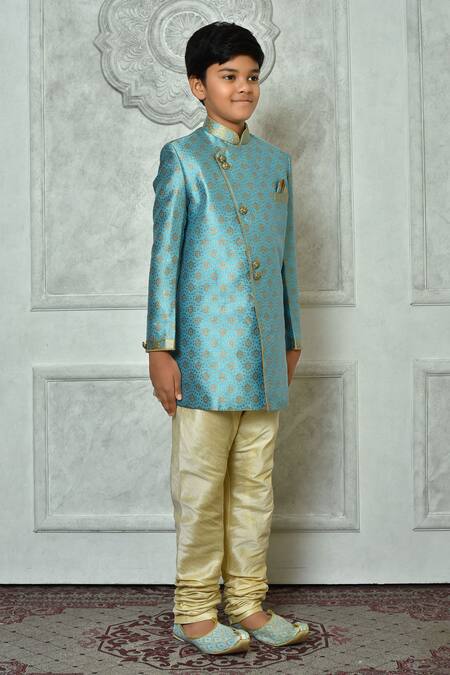 Petite Pomme_Blue Jacquard Embroidery Floret Pattern Sherwani _at_Aza_Fashions