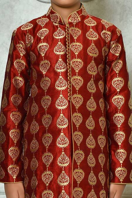 Petite Pomme Red Silk Embroidery Leaf Full Sleeve Kurta Online at Aza Fashions Petite Pomme_Red Silk Embroidery Leaf Full Sleeve Kurta _Online_at_Aza_Fashions