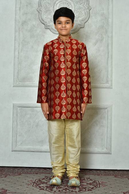 Shop Petite Pomme Red Silk Embroidery Leaf Kurta And Churidar Set Online at Aza Fashions Shop_Petite Pomme_Red Silk Embroidery Leaf Kurta And Churidar Set _Online_at_Aza_Fashions