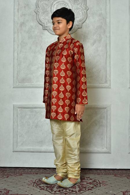 Petite Pomme Red Silk Embroidery Leaf Kurta And Churidar Set at Aza Fashions Petite Pomme_Red Silk Embroidery Leaf Kurta And Churidar Set _at_Aza_Fashions
