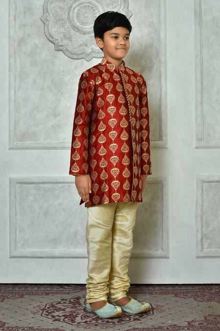 Petite Pomme Red Silk Embroidery Leaf Full Sleeve Kurta at Aza Fashions Petite Pomme_Red Silk Embroidery Leaf Full Sleeve Kurta _at_Aza_Fashions
