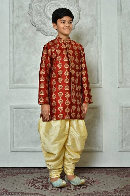 Petite Pomme Red Silk Embroidery Leaf Thread Work Kurta And Patiala Pant Set at Aza Fashions Petite Pomme_Red Silk Embroidery Leaf Thread Work Kurta And Patiala Pant Set _at_Aza_Fashions