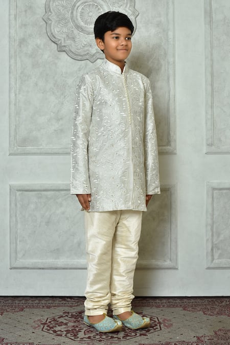 Shop Petite Pomme Off White Silk Embroidery Botanic Kurta And Churidar Set Online at Aza Fashions Shop_Petite Pomme_Off White Silk Embroidery Botanic Kurta And Churidar Set _Online_at_Aza_Fashions