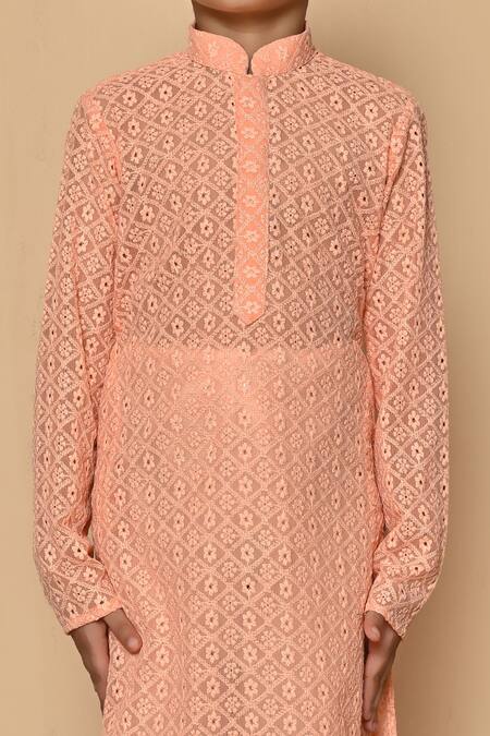 Shop_Aryavir Malhotra_Orange Silk Embroidered Flower Patterns Pastel Kurta Set_Online_at_Aza_Fashions