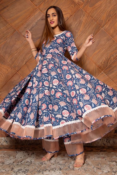 Shop_Pomcha Jaipur_Blue Floral, Lace Round Neck Ambar Cotton Print Anarkali Set _Online_at_Aza_Fashions