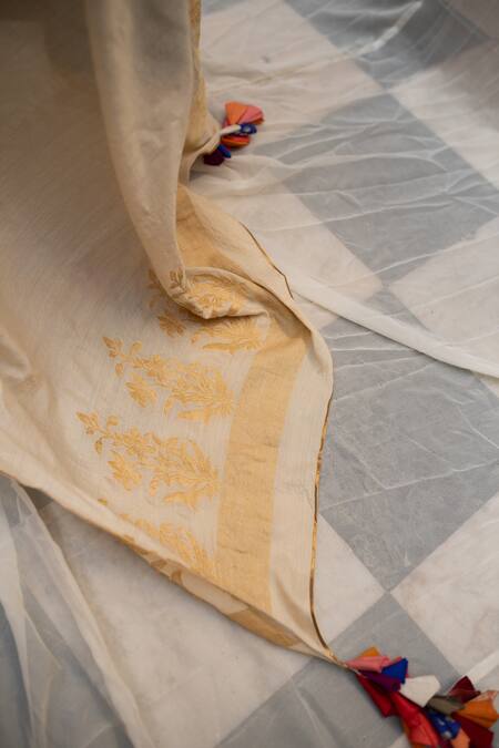 Buy_Priyanka Raajiv_Ivory Moonga Silk Floral Pattern And Multi Color Brocade Tassels Ganga Dupatta _Online_at_Aza_Fashions