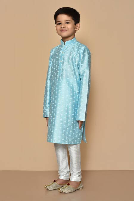 Buy_Petite Pomme_Blue Silk Embroidery Floret Print Kurta And Churidar Set 