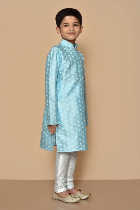 Shop_Petite Pomme_Blue Silk Embroidery Floret Print Kurta And Churidar Set 
