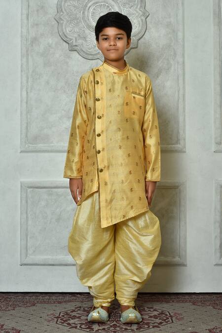 Shop_Petite Pomme_Yellow Polyester, Silk Paisley Pattern Kurta And Patiala Pant Set _Online_at_Aza_Fashions