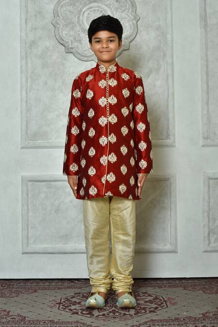 Petite Pomme_Red Silk Embroidery Flora Pattern Kurta _Online_at_Aza_Fashions
