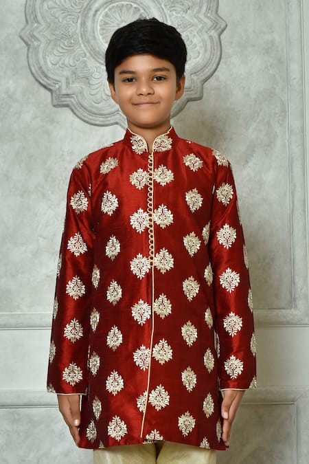 Petite Pomme Red Silk Embroidery Flora Kurta And Churidar Set at Aza Fashions Petite Pomme_Red Silk Embroidery Flora Kurta And Churidar Set _at_Aza_Fashions