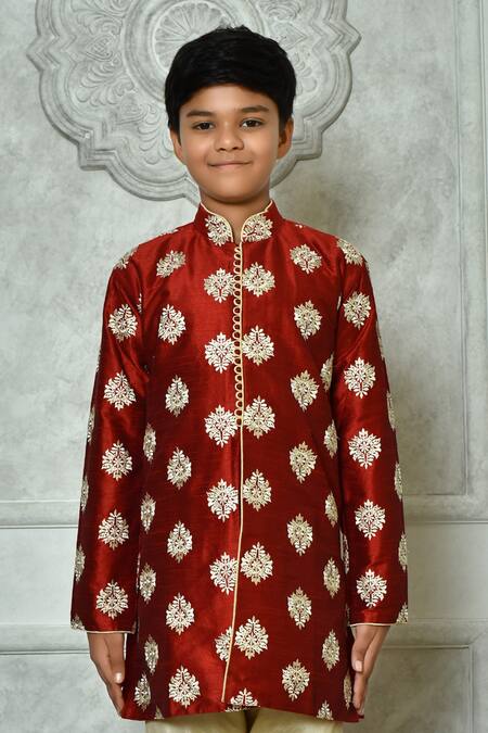 Petite Pomme_Red Silk Embroidery Flora Pattern Kurta _at_Aza_Fashions