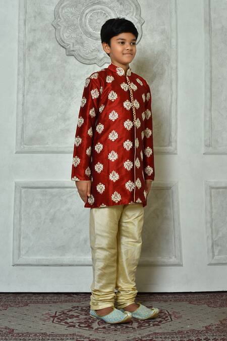 Shop Petite Pomme Red Silk Embroidery Flora Kurta And Churidar Set Online at Aza Fashions Shop_Petite Pomme_Red Silk Embroidery Flora Kurta And Churidar Set _Online_at_Aza_Fashions