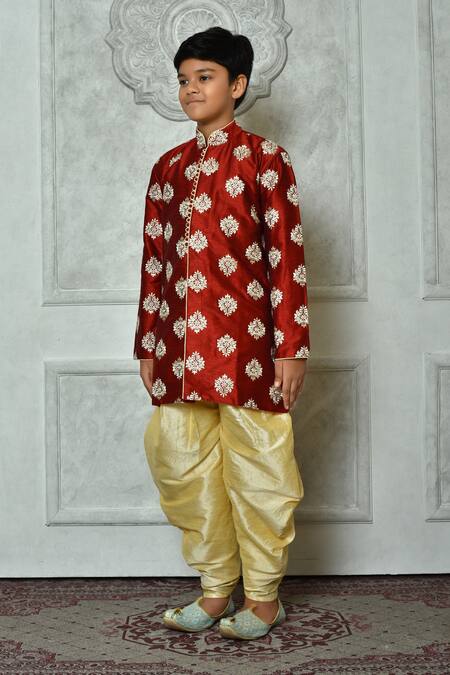 Shop Petite Pomme Red Silk Embroidery Flora Kurta And Patiala Pant Set Online at Aza Fashions Shop_Petite Pomme_Red Silk Embroidery Flora Kurta And Patiala Pant Set _Online_at_Aza_Fashions