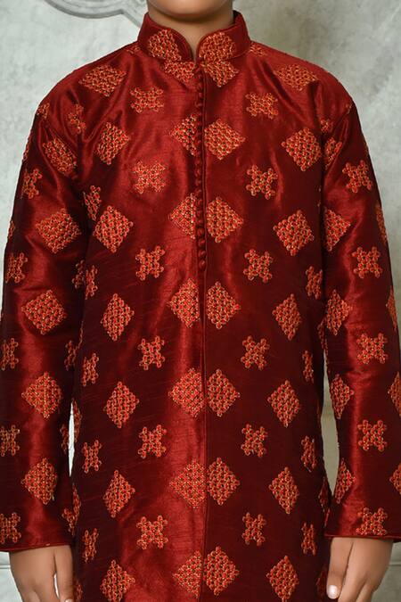 Petite Pomme Red Silk Embroidery Floret Full Sleeve Kurta Online at Aza Fashions Petite Pomme_Red Silk Embroidery Floret Full Sleeve Kurta _Online_at_Aza_Fashions