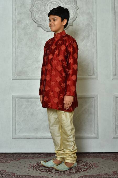 Shop Petite Pomme Red Silk Embroidery Floret Full Sleeve Kurta Online at Aza Fashions Shop_Petite Pomme_Red Silk Embroidery Floret Full Sleeve Kurta _Online_at_Aza_Fashions
