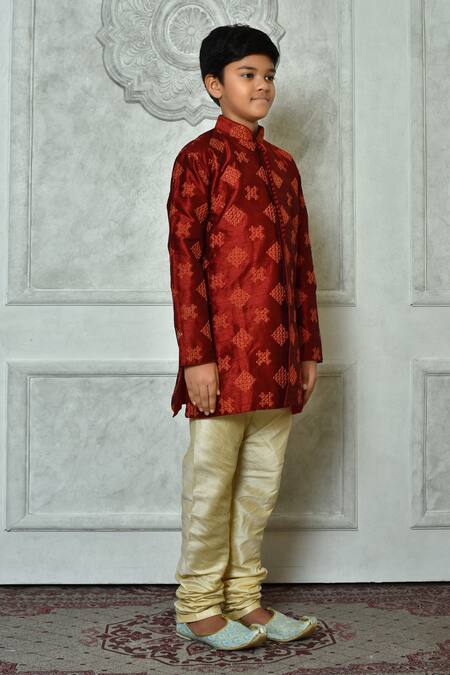 Petite Pomme Red Silk Embroidery Floret Full Sleeve Kurta at Aza Fashions Petite Pomme_Red Silk Embroidery Floret Full Sleeve Kurta _at_Aza_Fashions