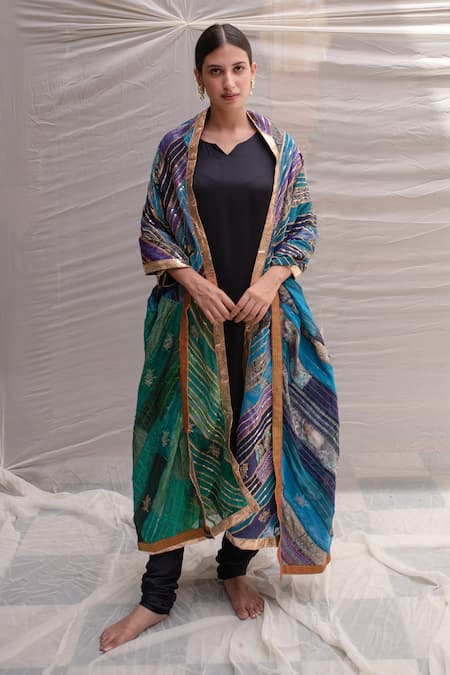 Buy_Priyanka Raajiv_Blue Silk, Satin, Brocade, Cotton And Handwoven Tissue Stripe Eila Patch Dupatta _Online_at_Aza_Fashions