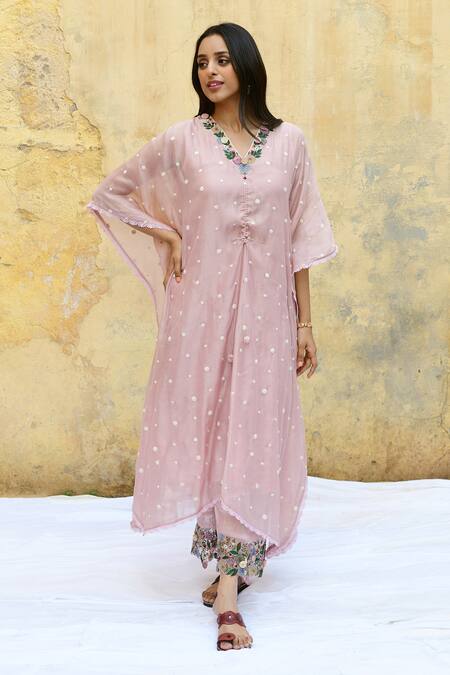 Label Niti Bothra_Pink Silk Embroidery V-neck Rosette Kaftan _Online_at_Aza_Fashions
