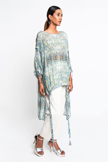 Anmol Kakad Beige Crepe Round Neck Asymmetric Mosaic Pattern Top Online at Aza Fashions Anmol Kakad_Beige Crepe Round Neck Asymmetric Mosaic Pattern Top_Online_at_Aza_Fashions