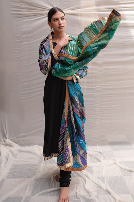 Shop_Priyanka Raajiv_Blue Silk, Satin, Brocade, Cotton And Handwoven Tissue Stripe Eila Patch Dupatta _Online_at_Aza_Fashions