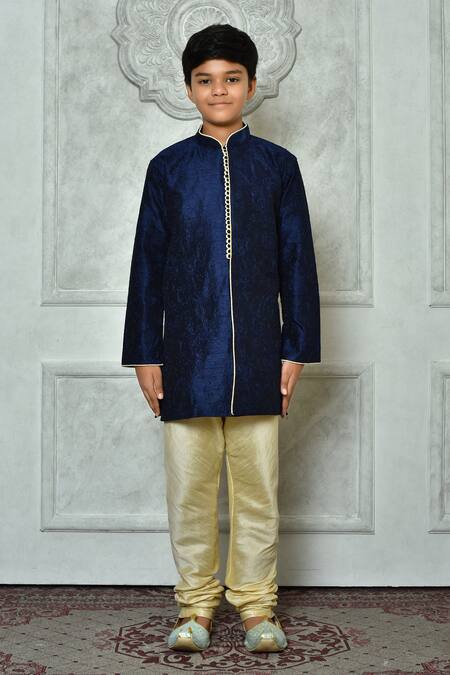 Shop_Petite Pomme_Blue Silk Embroidery Flora And Leaf Kurta Set _Online_at_Aza_Fashions