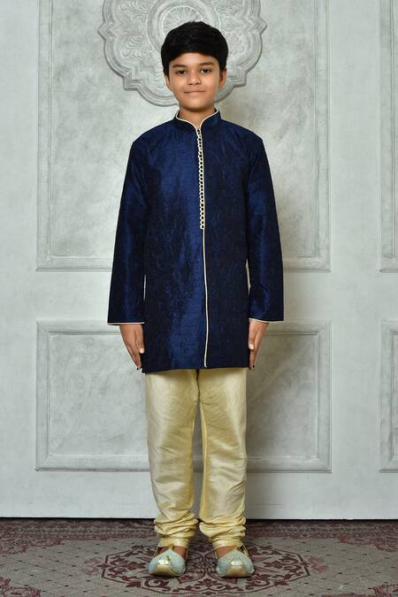 Buy_Petite Pomme_Blue Silk Embroidery Flora And Leaf Kurta _Online_at_Aza_Fashions