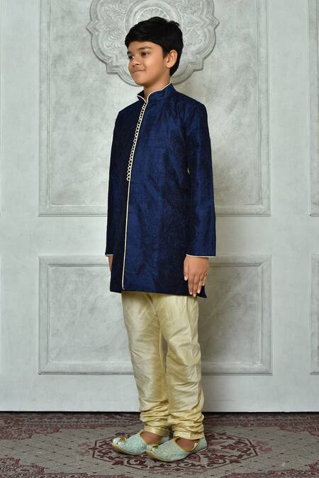 Shop_Petite Pomme_Blue Silk Embroidery Flora And Leaf Kurta _Online_at_Aza_Fashions