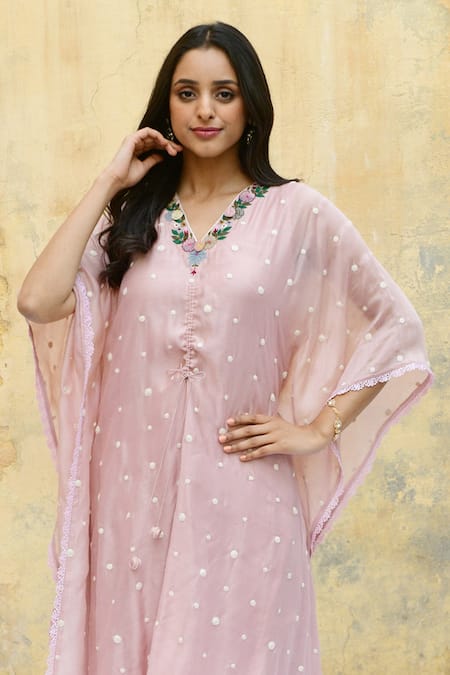 Buy_Label Niti Bothra_Pink Silk Embroidery V-neck Rosette Kaftan _Online_at_Aza_Fashions