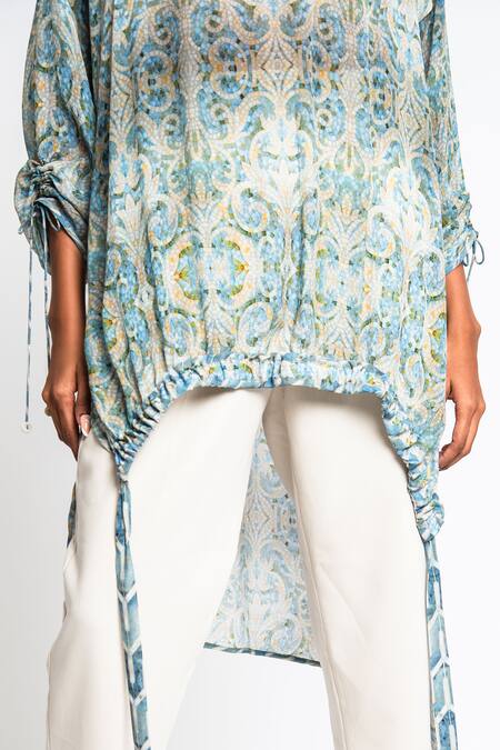 Shop Anmol Kakad Beige Crepe Round Neck Asymmetric Mosaic Pattern Top Online at Aza Fashions Shop_Anmol Kakad_Beige Crepe Round Neck Asymmetric Mosaic Pattern Top_Online_at_Aza_Fashions