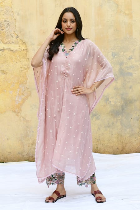 Shop_Label Niti Bothra_Pink Silk Embroidery V-neck Rosette Kaftan _Online_at_Aza_Fashions