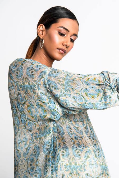 Anmol Kakad Beige Crepe Round Neck Asymmetric Mosaic Pattern Top at Aza Fashions Anmol Kakad_Beige Crepe Round Neck Asymmetric Mosaic Pattern Top_at_Aza_Fashions