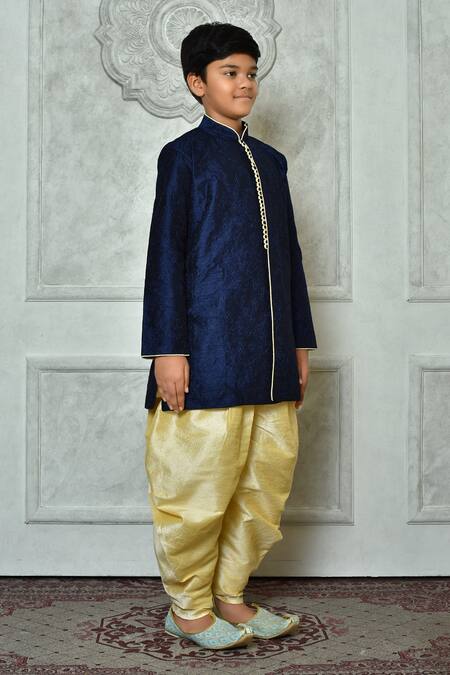 Petite Pomme_Blue Silk Embroidery Navy Thread Work Kurta Set _at_Aza_Fashions