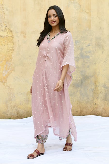 Label Niti Bothra_Pink Silk Embroidery V-neck Rosette Kaftan _at_Aza_Fashions