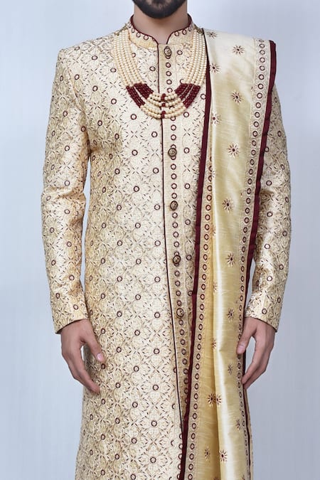 Arihant Rai Sinha Beige , Satin Embroidery Floral Sherwani Set at Aza Fashions Arihant Rai Sinha_Beige , Satin Embroidery Floral Sherwani Set _at_Aza_Fashions