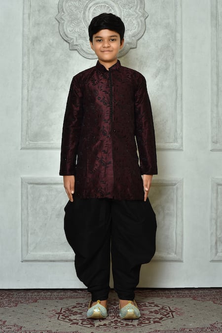 Shop_Petite Pomme_Wine Silk, Cotton Embroidery Paisley Thread Work Kurta Set _Online_at_Aza_Fashions